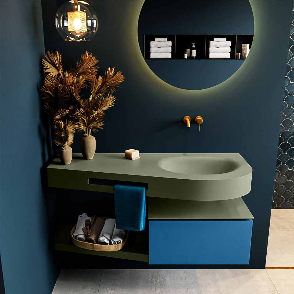 MONDIAZ RIVA 120cm mueble de baño / estante color Jeans con 1 cajón. Lavabo DULCET Derecho sin orificio, color Army. 3 MONDIAZ RIVA 120cm mueble de baño / estante color Jeans con 1 cajón. Lavabo DULCET Derecho sin orificio, color Army. - Imagen 3