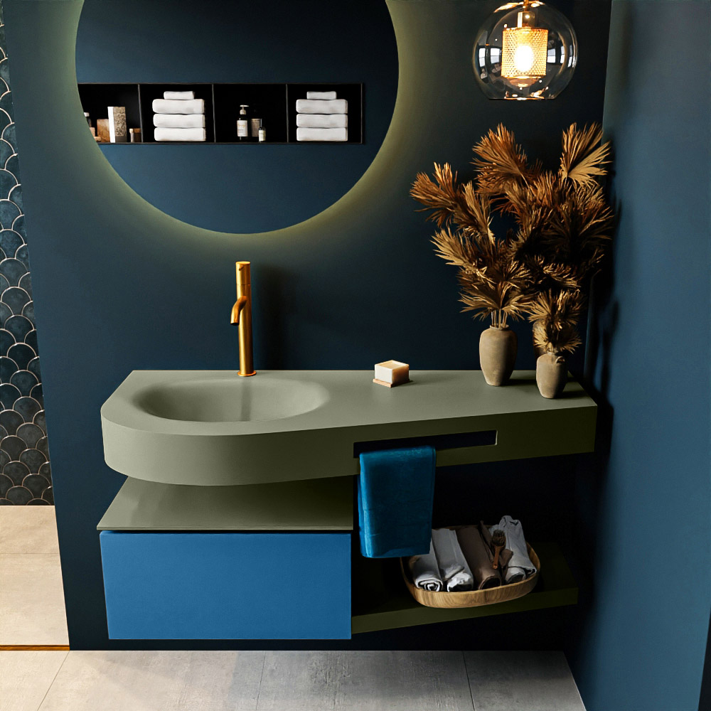 MONDIAZ RIVA 120cm mueble de baño / estante color Jeans con 1 cajón. Lavabo DULCET Izquierda 1 orificio, color Army. 3 MONDIAZ RIVA 120cm mueble de baño / estante color Jeans con 1 cajón. Lavabo DULCET Izquierda 1 orificio, color Army. - Imagen 3
