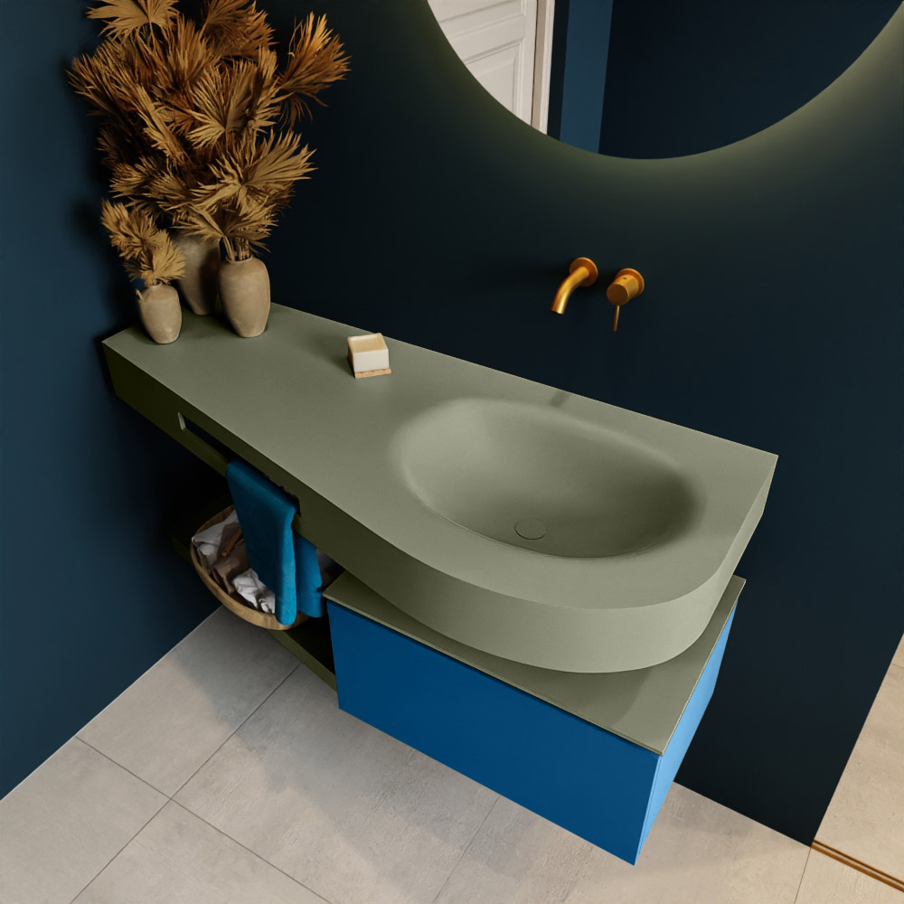 MONDIAZ RIVA 120cm mueble de baño / estante color Jeans con 1 cajón. Lavabo DULCET Derecho sin orificio, color Army. 2 color Army.