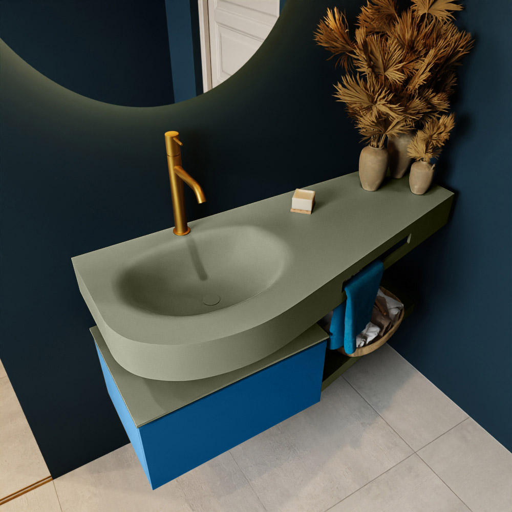MONDIAZ RIVA 120cm mueble de baño / estante color Jeans con 1 cajón. Lavabo DULCET Izquierda 1 orificio, color Army. 2 color Army.