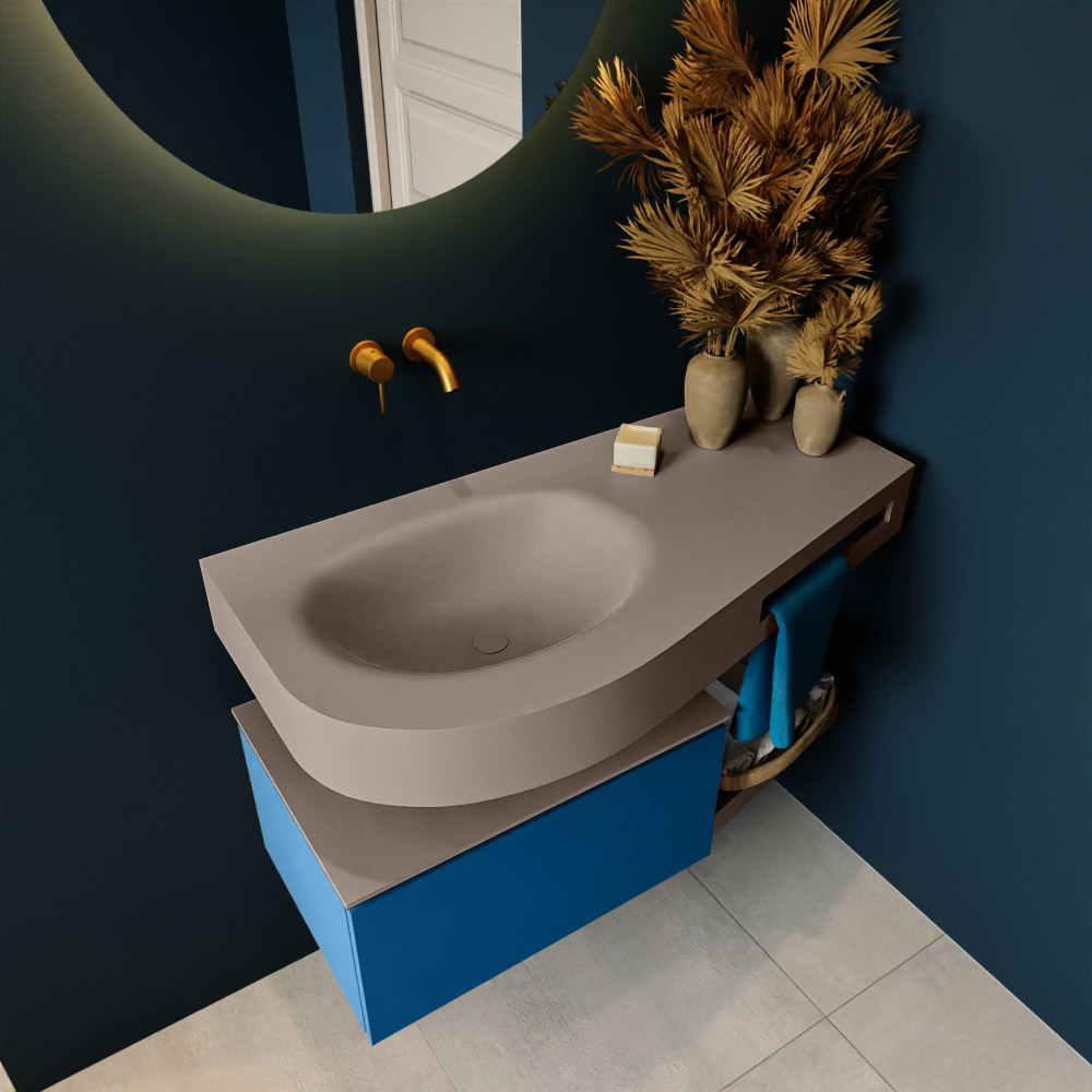 MONDIAZ RIVA 100cm mueble de baño / estante color Jeans con 1 cajón. Lavabo DULCET Izquierda sin orificio, color Smoke. 2 color Smoke.