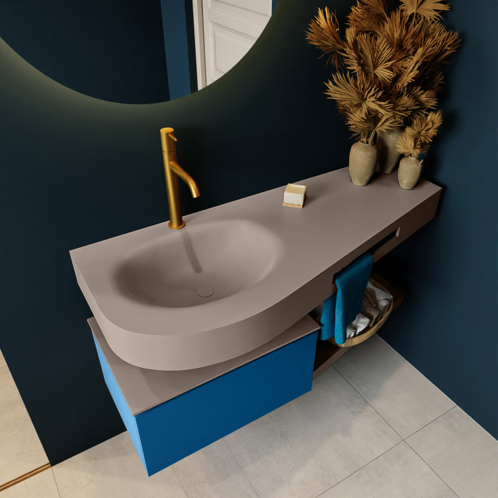 MONDIAZ RIVA 120cm mueble de baño / estante color Jeans con 1 cajón. Lavabo DULCET Izquierda 1 orificio, color Smoke. 2 color Smoke.
