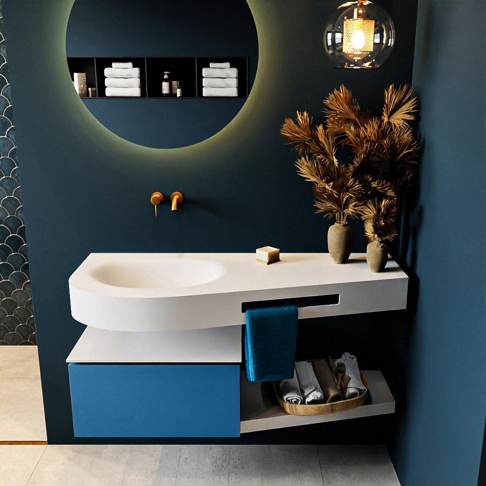 MONDIAZ RIVA 120cm mueble de baño / estante color Jeans con 1 cajón. Lavabo DULCET Izquierda sin orificio, color Talc. 3 MONDIAZ RIVA 120cm mueble de baño / estante color Jeans con 1 cajón. Lavabo DULCET Izquierda sin orificio, color Talc. - Imagen 3