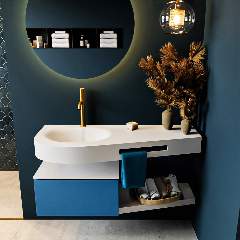 MONDIAZ RIVA 120cm mueble de baño / estante color Jeans con 1 cajón. Lavabo DULCET Izquierda 1 orificio, color Talc. 3 MONDIAZ RIVA 120cm mueble de baño / estante color Jeans con 1 cajón. Lavabo DULCET Izquierda 1 orificio, color Talc. - Imagen 3