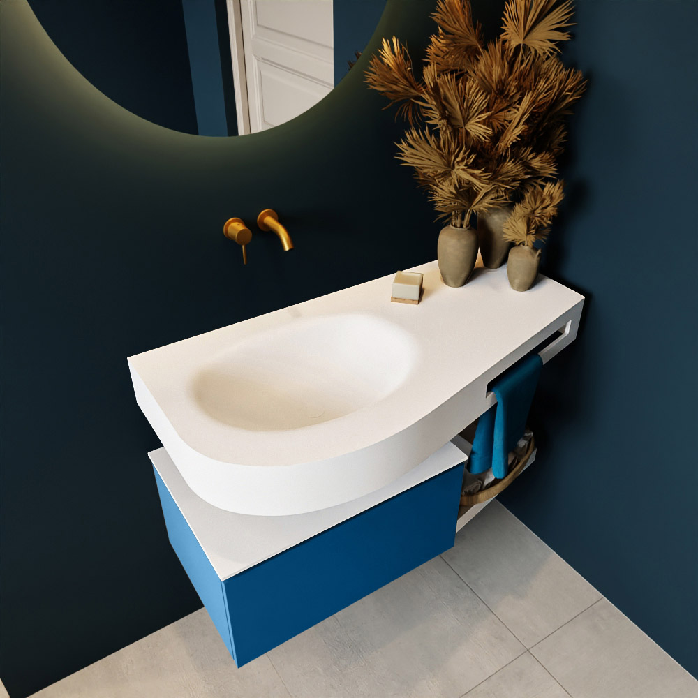 MONDIAZ RIVA 100cm mueble de baño / estante color Jeans con 1 cajón. Lavabo DULCET Izquierda sin orificio, color Talc. 2 color Talc.