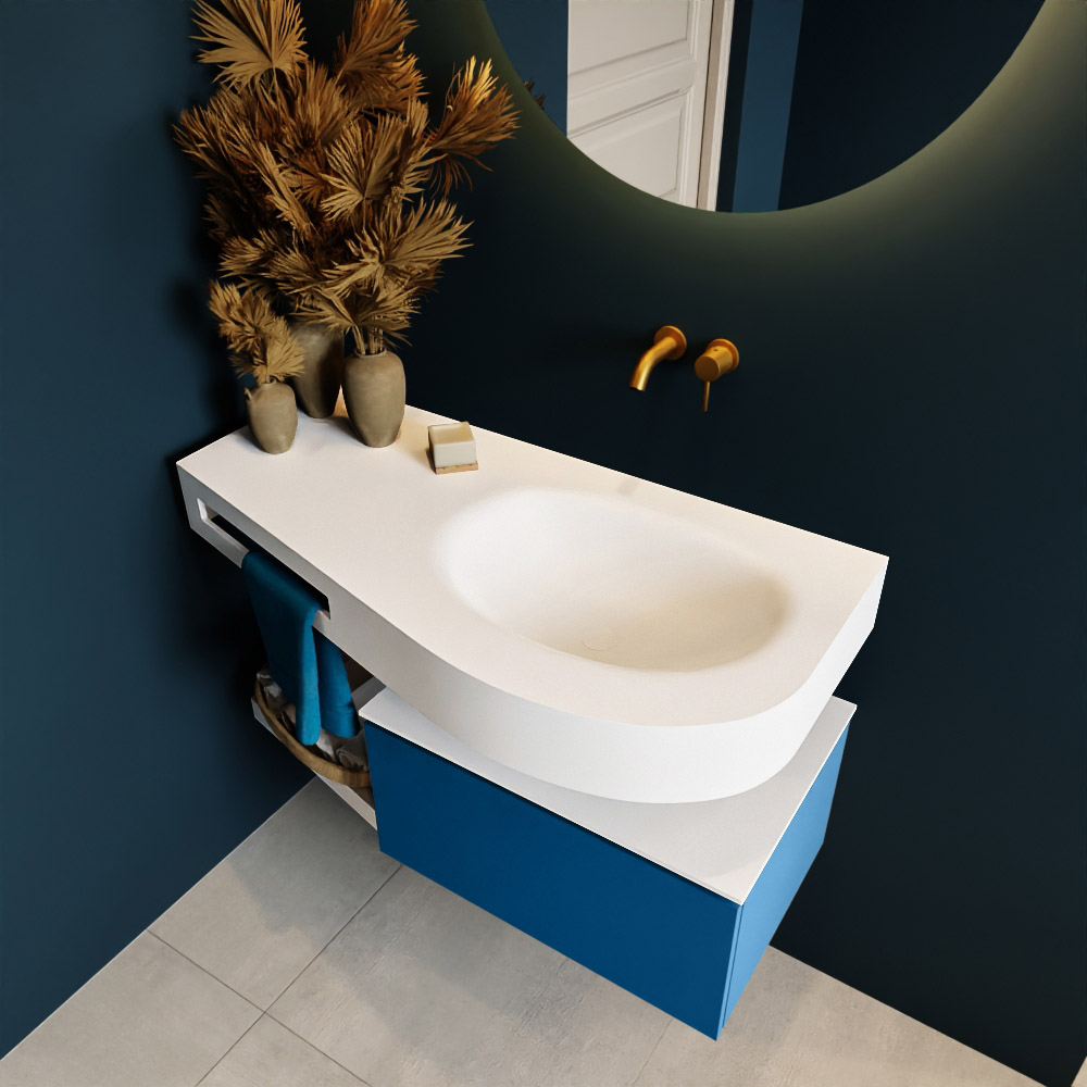 MONDIAZ RIVA 100cm mueble de baño / estante color Jeans con 1 cajón. Lavabo DULCET Derecho sin orificio, color Talc. 2 color Talc.