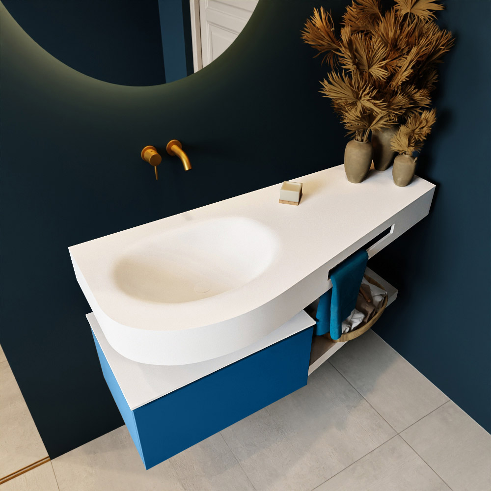 MONDIAZ RIVA 120cm mueble de baño / estante color Jeans con 1 cajón. Lavabo DULCET Izquierda sin orificio, color Talc. 2 color Talc.