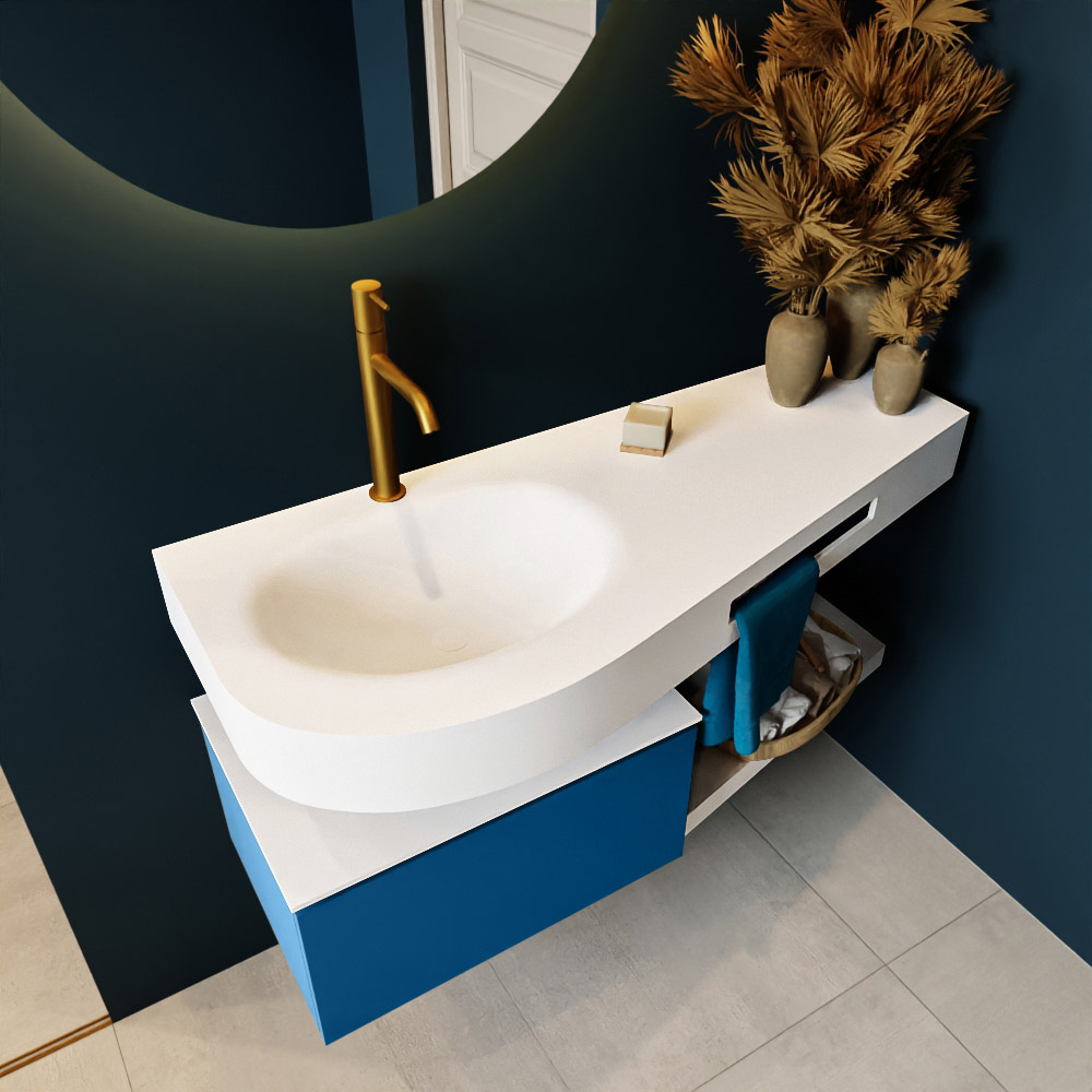 MONDIAZ RIVA 120cm mueble de baño / estante color Jeans con 1 cajón. Lavabo DULCET Izquierda 1 orificio, color Talc. 2 color Talc.