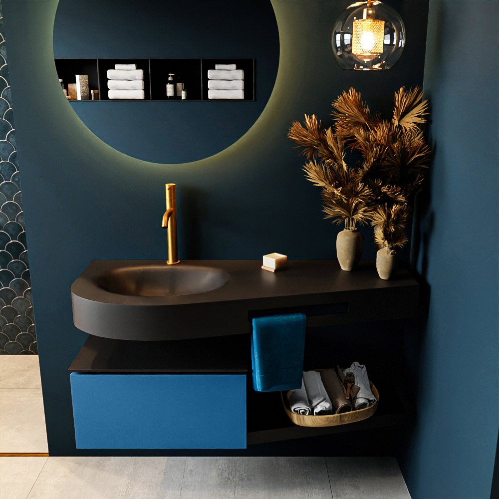 MONDIAZ RIVA 120cm mueble de baño / estante color Jeans con 1 cajón. Lavabo DULCET Izquierda 1 orificio, color Urban. 3 MONDIAZ RIVA 120cm mueble de baño / estante color Jeans con 1 cajón. Lavabo DULCET Izquierda 1 orificio, color Urban. - Imagen 3