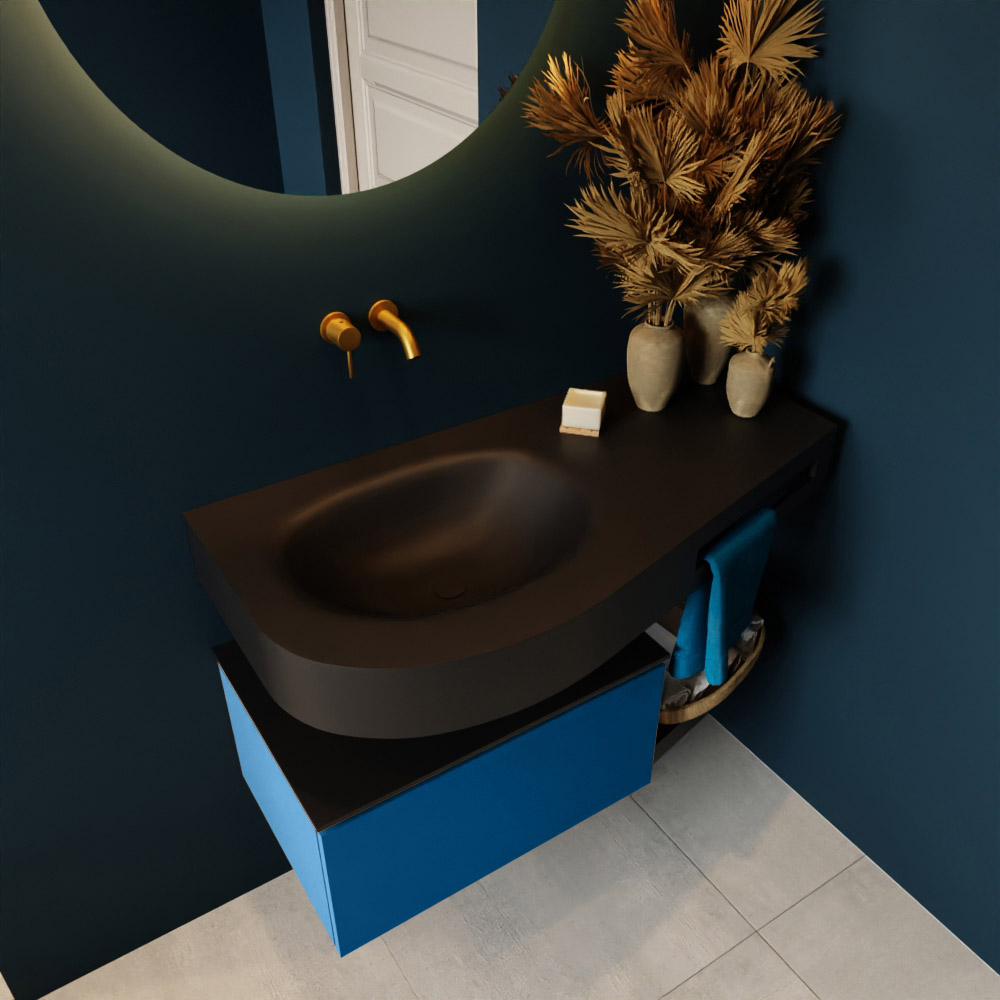 MONDIAZ RIVA 100cm mueble de baño / estante color Jeans con 1 cajón. Lavabo DULCET Izquierda sin orificio, color Urban. 2 color Urban.