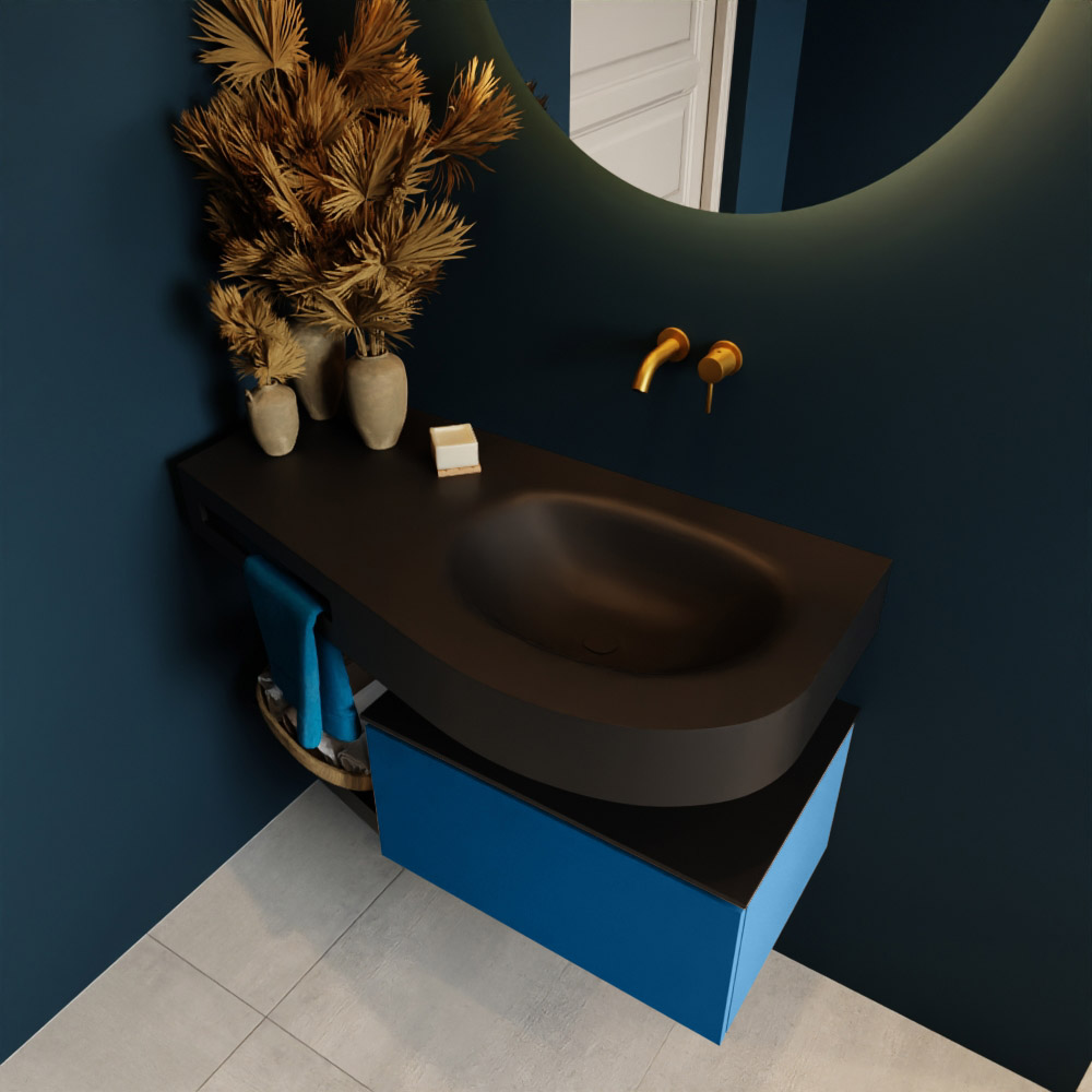 MONDIAZ RIVA 100cm mueble de baño / estante color Jeans con 1 cajón. Lavabo DULCET Derecho sin orificio, color Urban. 2 color Urban.