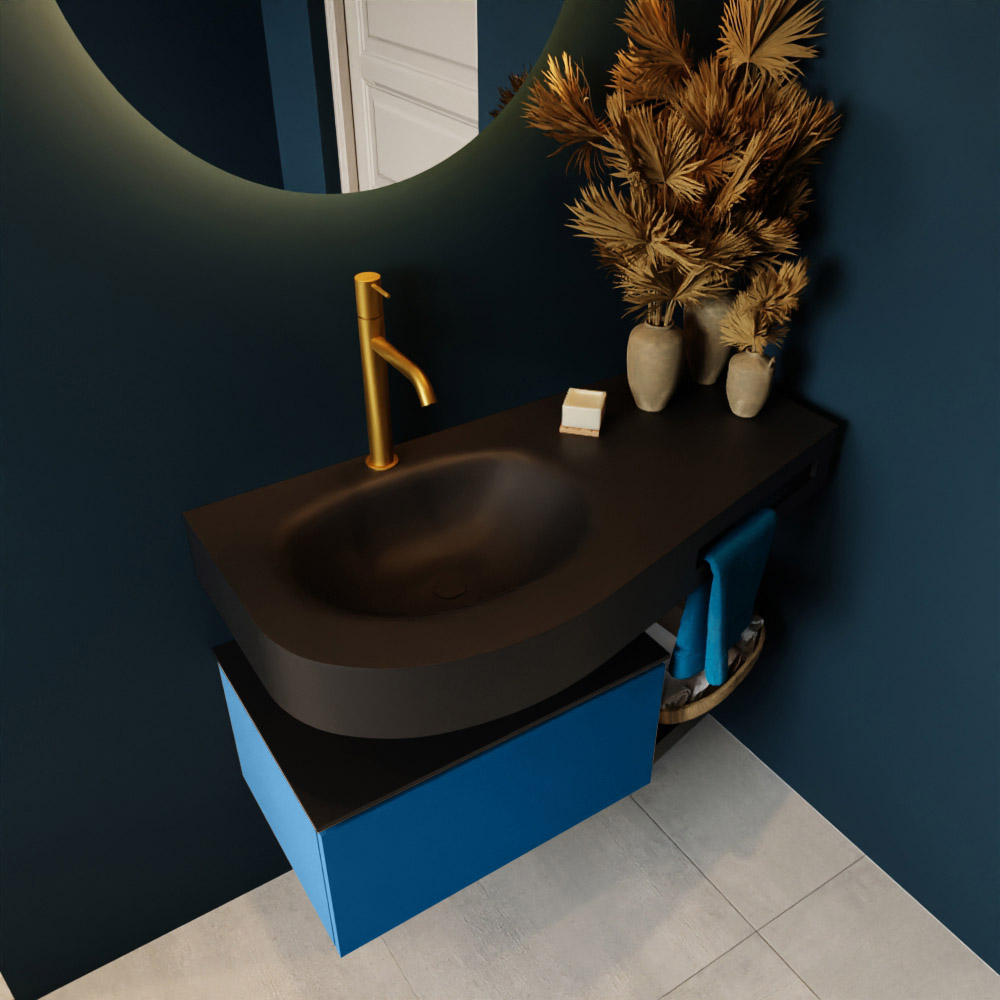 MONDIAZ RIVA 100cm mueble de baño / estante color Jeans con 1 cajón. Lavabo DULCET Izquierda 1 orificio, color Urban. 2 color Urban.