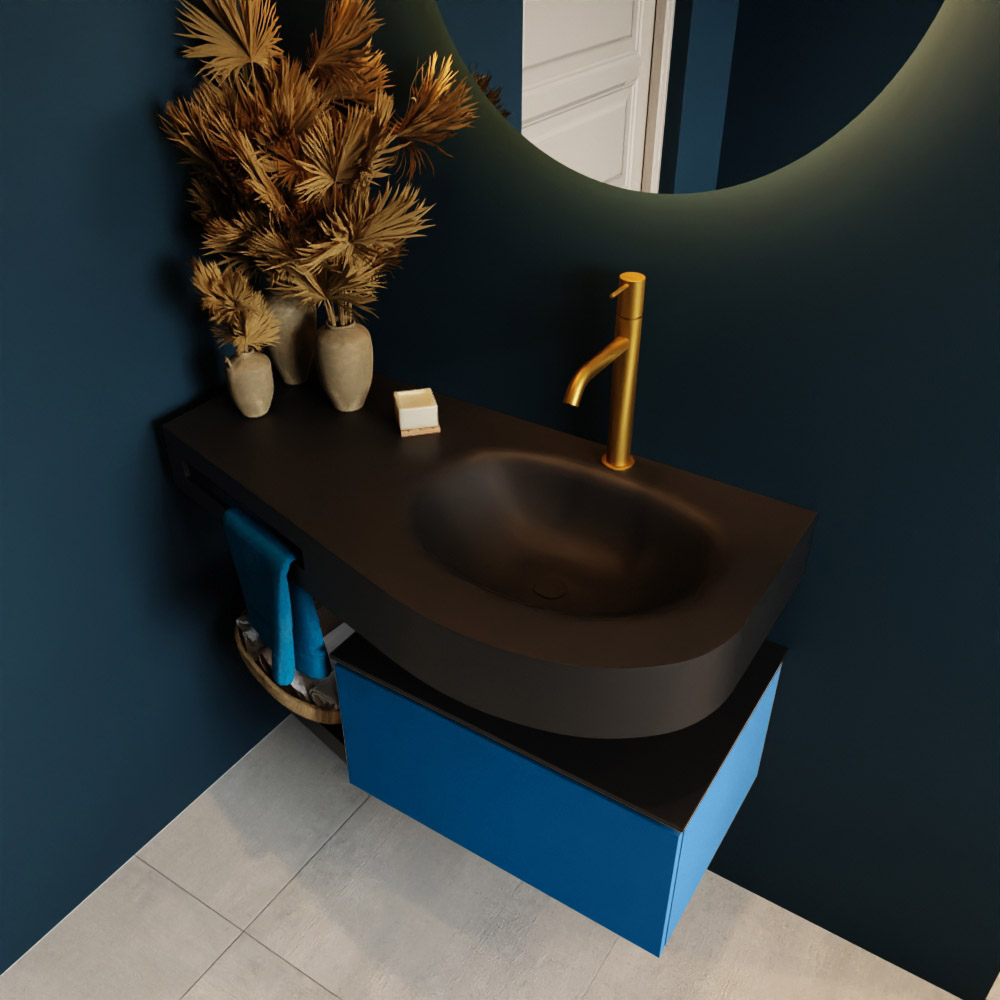 MONDIAZ RIVA 100cm mueble de baño / estante color Jeans con 1 cajón. Lavabo DULCET Derecho 1 orificio, color Urban. 2 color Urban.
