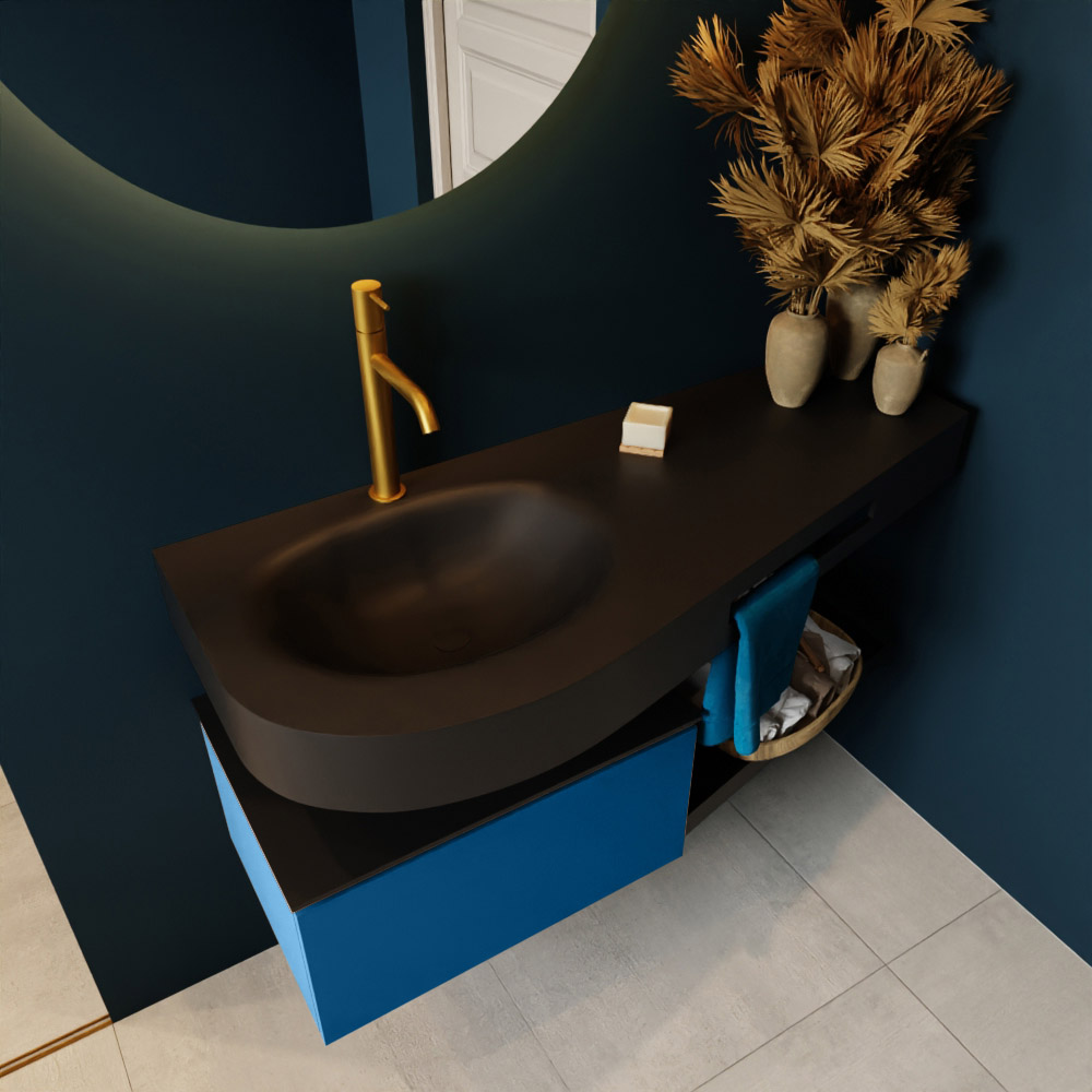 MONDIAZ RIVA 120cm mueble de baño / estante color Jeans con 1 cajón. Lavabo DULCET Izquierda 1 orificio, color Urban. 2 color Urban.