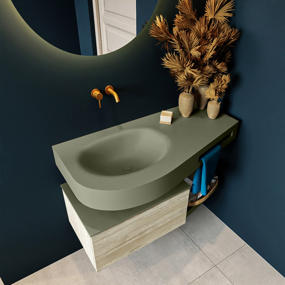 MONDIAZ RIVA 100cm mueble de baño / estante color Light Brown Grey con 1 cajón. Lavabo DULCET Izquierda sin orificio, color Army. 2 color Army.