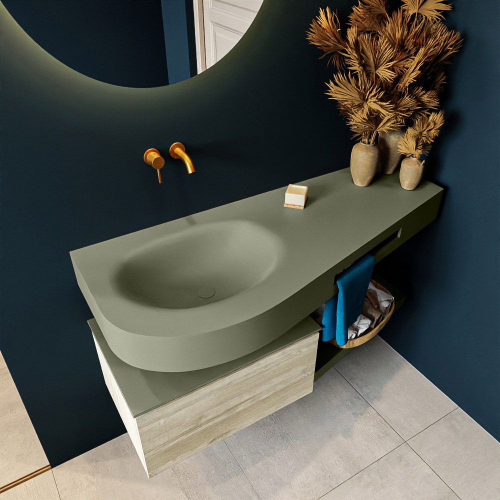 MONDIAZ RIVA 120cm mueble de baño / estante color Light Brown Grey con 1 cajón. Lavabo DULCET Izquierda sin orificio, color Army. 2 color Army.