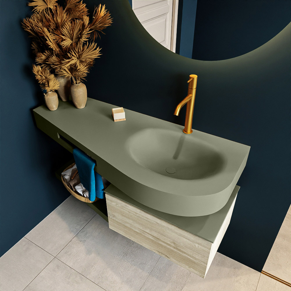 MONDIAZ RIVA 120cm mueble de baño / estante color Light Brown Grey con 1 cajón. Lavabo DULCET Derecho 1 orificio, color Army. 2 color Army.