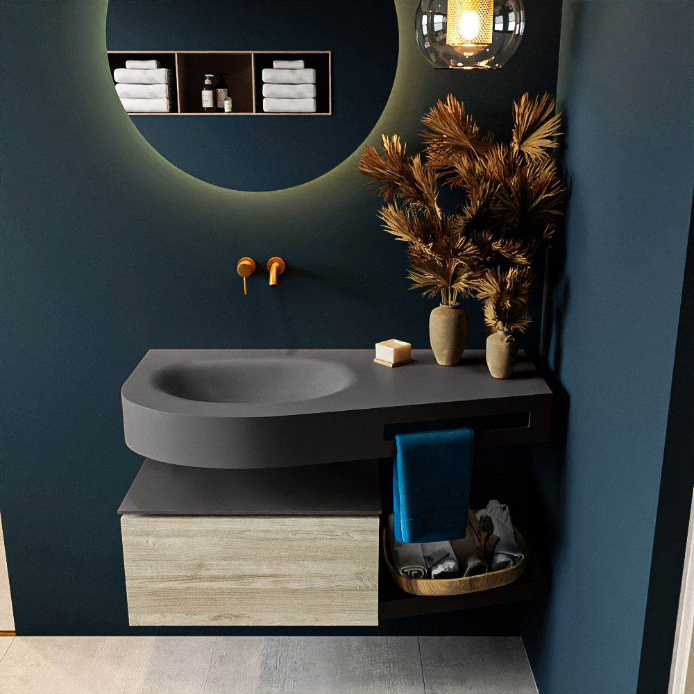 MONDIAZ RIVA 100cm mueble de baño / estante color Light Brown Grey con 1 cajón. Lavabo DULCET Izquierda sin orificio, color Dark Grey. - Imagen 3
