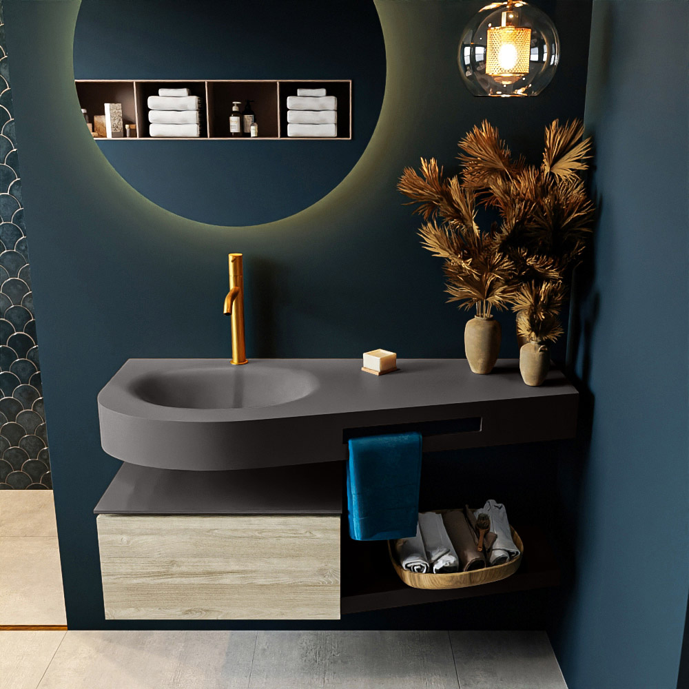 MONDIAZ RIVA 120cm mueble de baño / estante color Light Brown Grey con 1 cajón. Lavabo DULCET Izquierda 1 orificio, color Dark Grey. - Imagen 3
