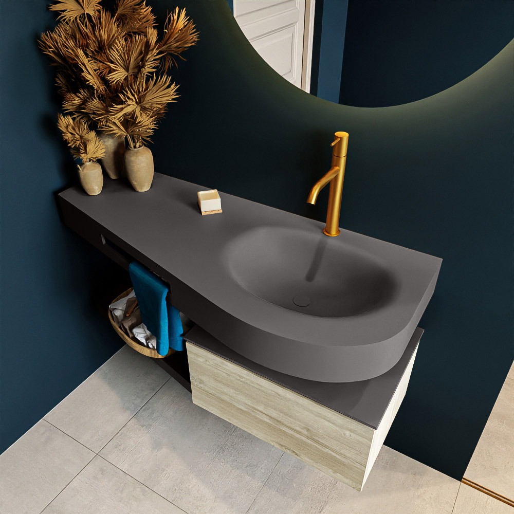 MONDIAZ RIVA 120cm mueble de baño / estante color Light Brown Grey con 1 cajón. Lavabo DULCET Derecho 1 orificio, color Dark Grey. 2 color Dark Grey.
