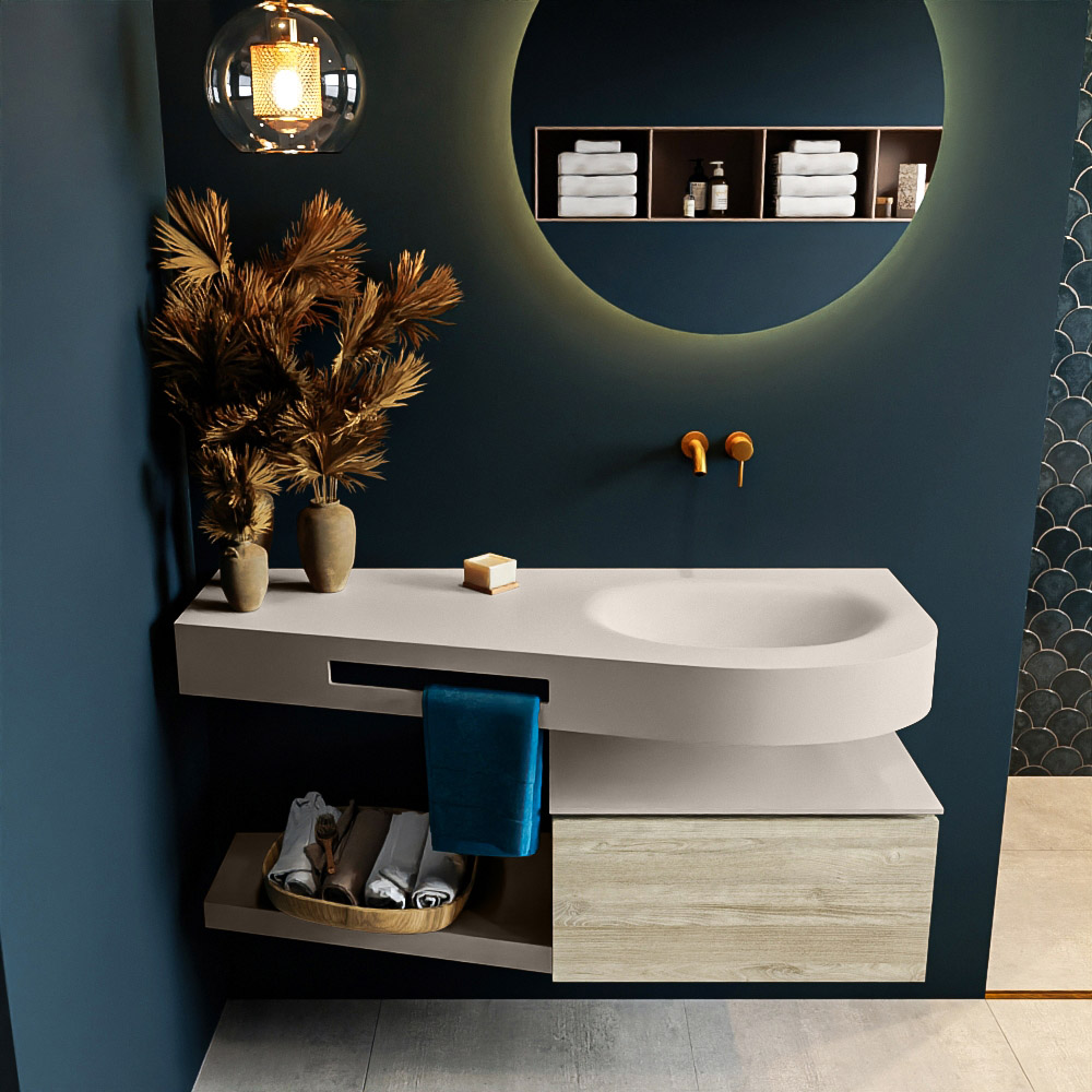 MONDIAZ RIVA 120cm mueble de baño / estante color Light Brown Grey con 1 cajón. Lavabo DULCET Derecho sin orificio, color Linen. - Imagen 3