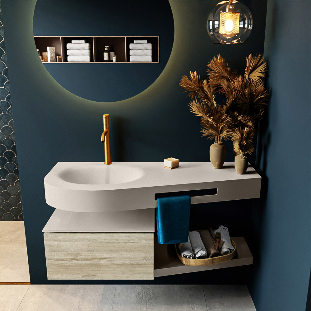 MONDIAZ RIVA 120cm mueble de baño / estante color Light Brown Grey con 1 cajón. Lavabo DULCET Izquierda 1 orificio, color Linen. - Imagen 3