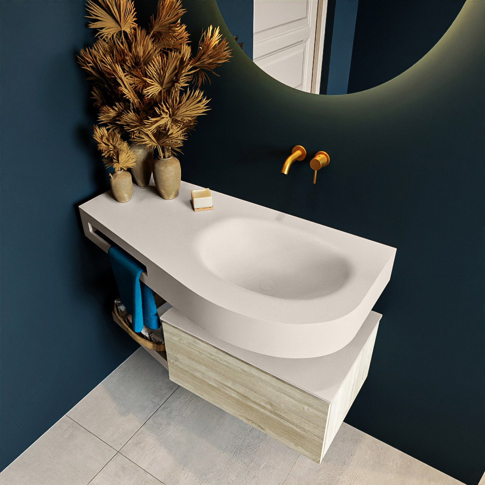 MONDIAZ RIVA 100cm mueble de baño / estante color Light Brown Grey con 1 cajón. Lavabo DULCET Derecho sin orificio, color Linen. 2 color Linen.