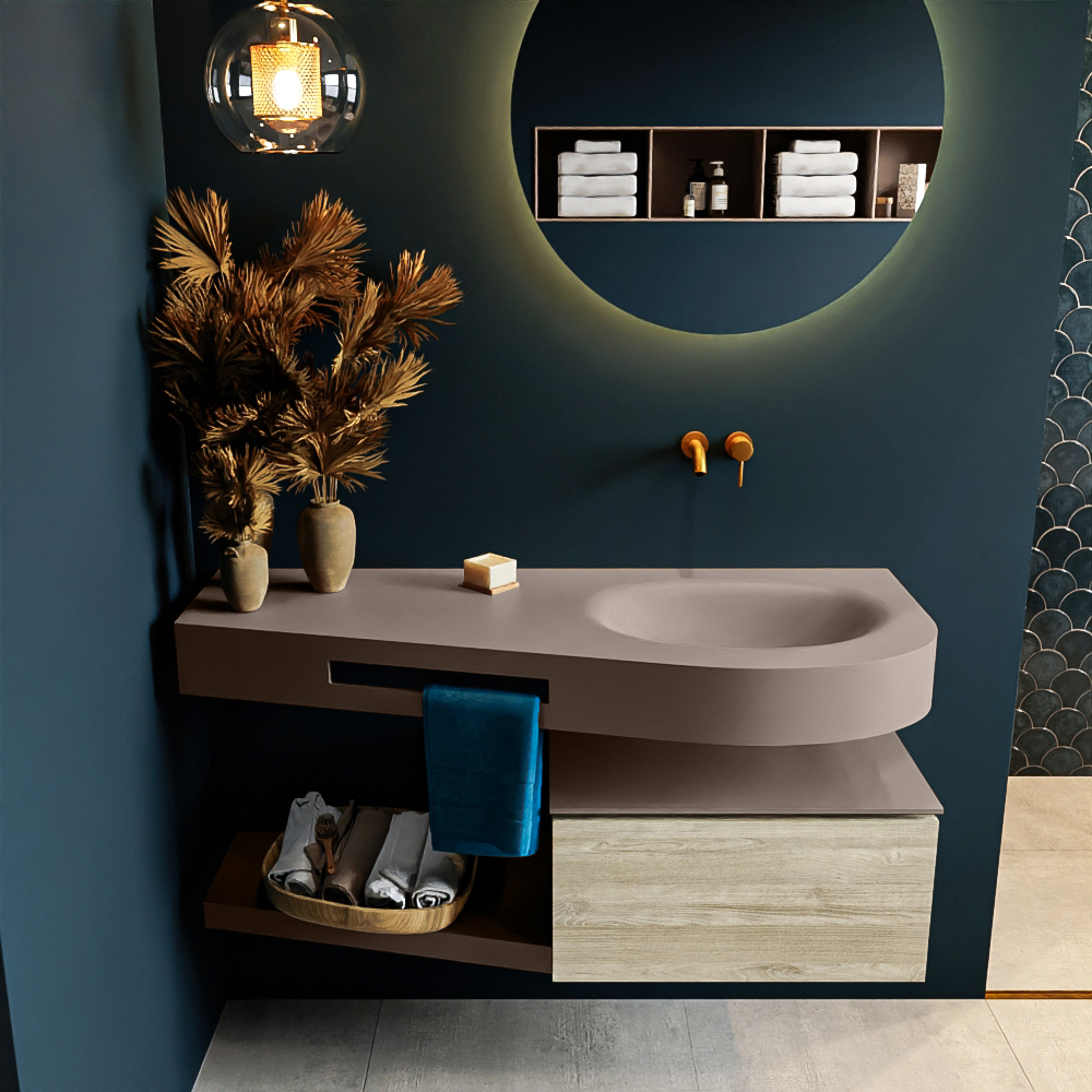 MONDIAZ RIVA 120cm mueble de baño / estante color Light Brown Grey con 1 cajón. Lavabo DULCET Derecho sin orificio, color Smoke. - Imagen 3