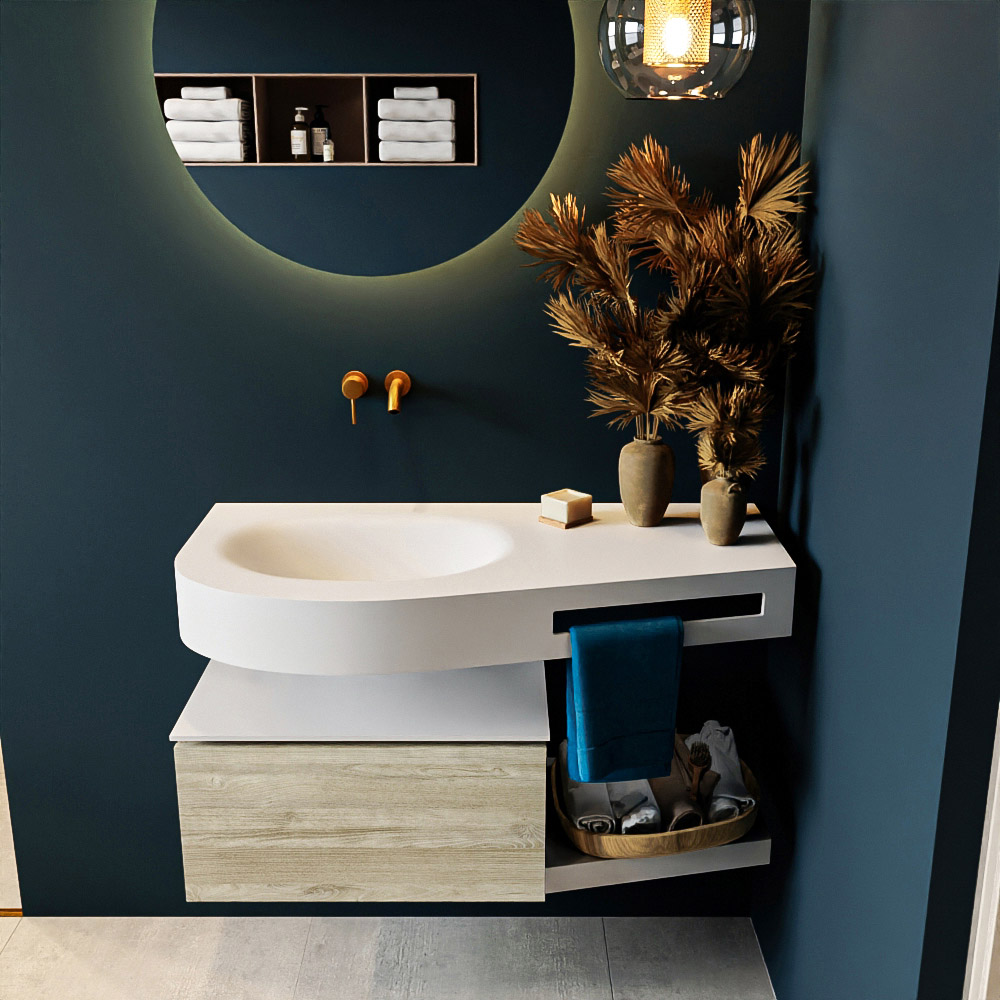 MONDIAZ RIVA 100cm mueble de baño / estante color Light Brown Grey con 1 cajón. Lavabo DULCET Izquierda sin orificio, color Talc. - Imagen 3