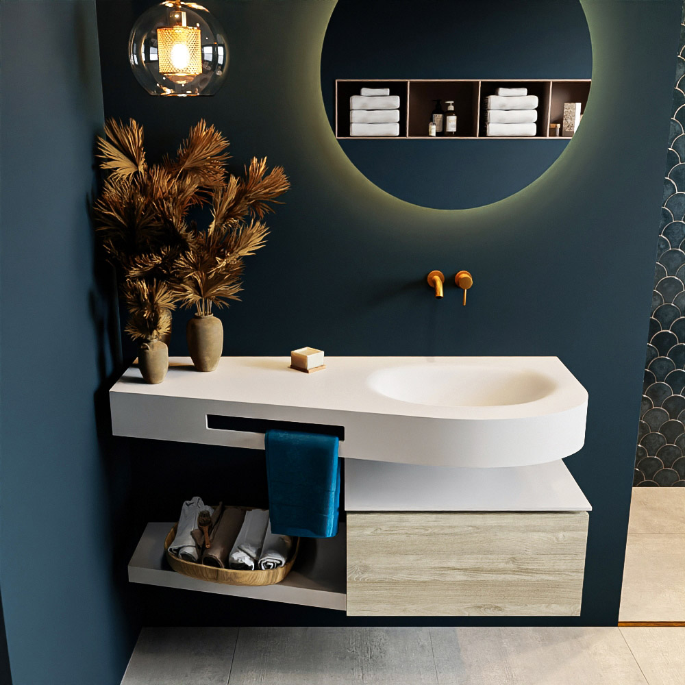 MONDIAZ RIVA 120cm mueble de baño / estante color Light Brown Grey con 1 cajón. Lavabo DULCET Derecho sin orificio, color Talc. - Imagen 3