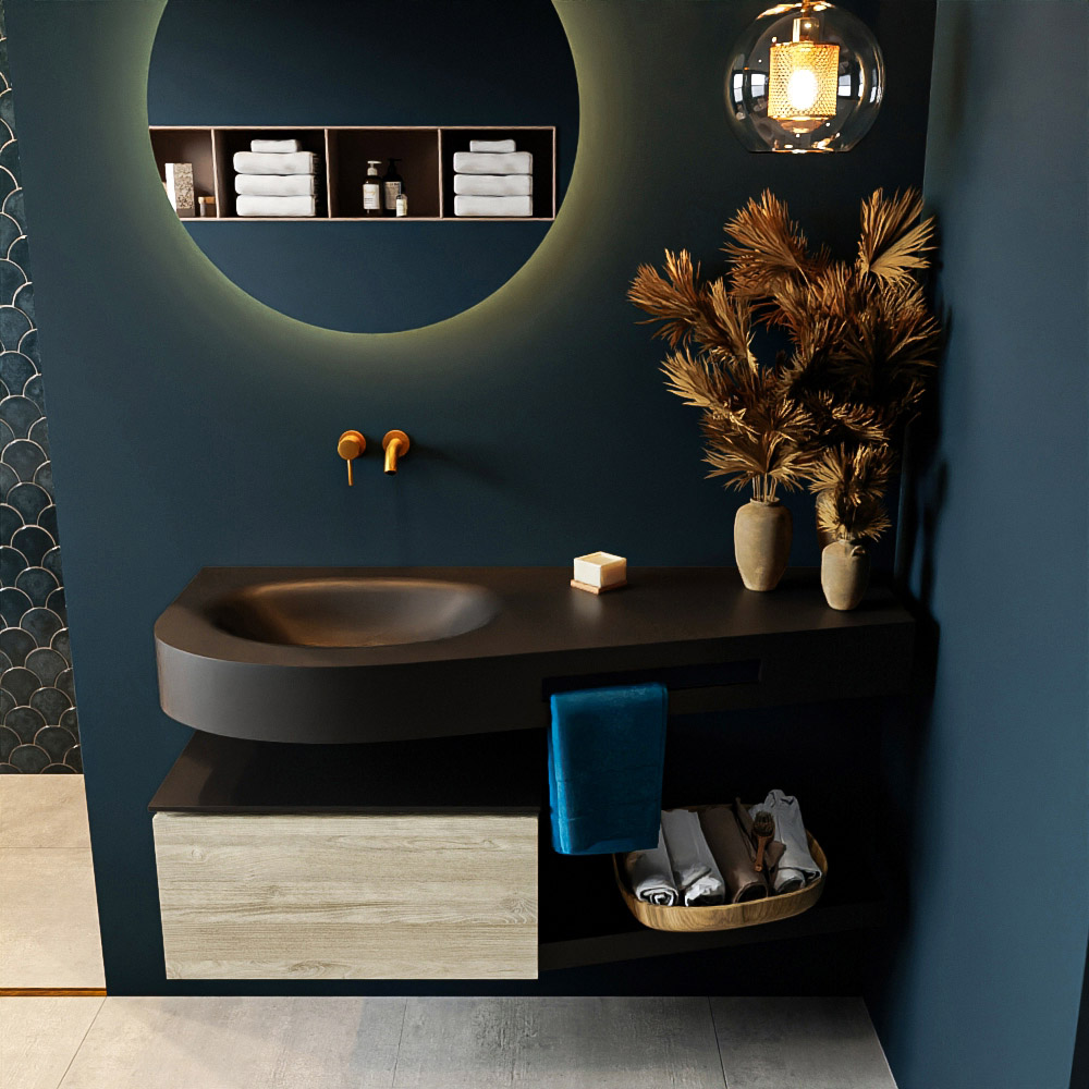 MONDIAZ RIVA 120cm mueble de baño / estante color Light Brown Grey con 1 cajón. Lavabo DULCET Izquierda sin orificio, color Urban. - Imagen 3