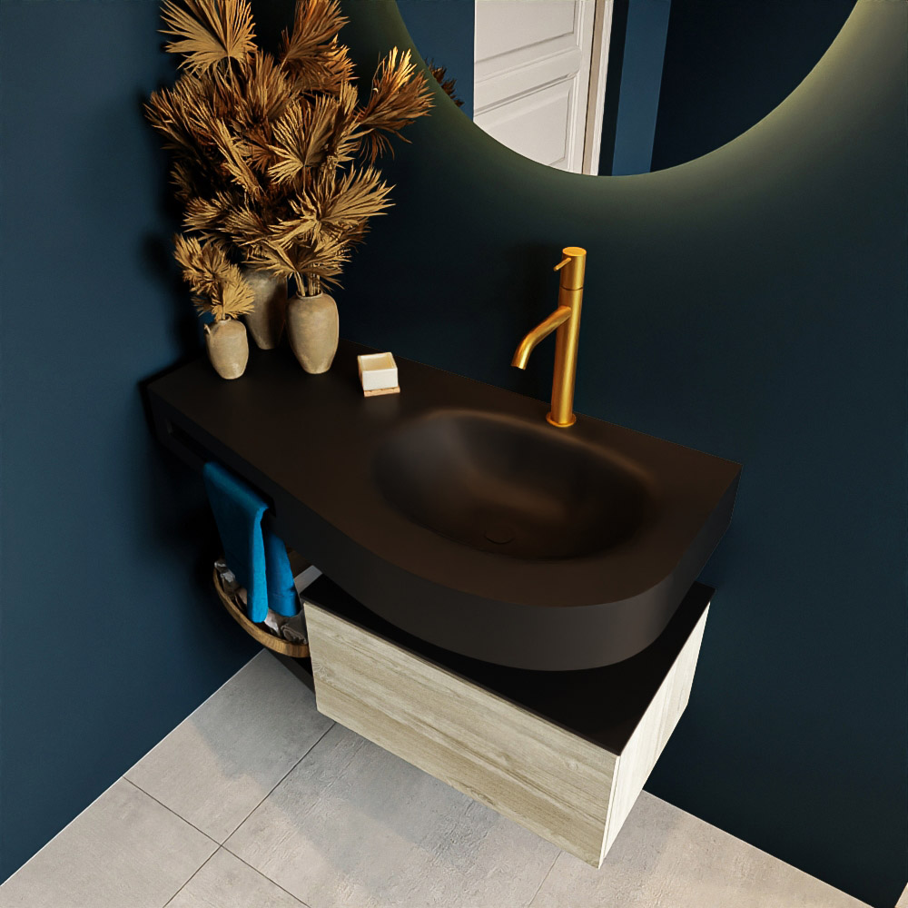 MONDIAZ RIVA 100cm mueble de baño / estante color Light Brown Grey con 1 cajón. Lavabo DULCET Derecho 1 orificio, color Urban. 2 color Urban.