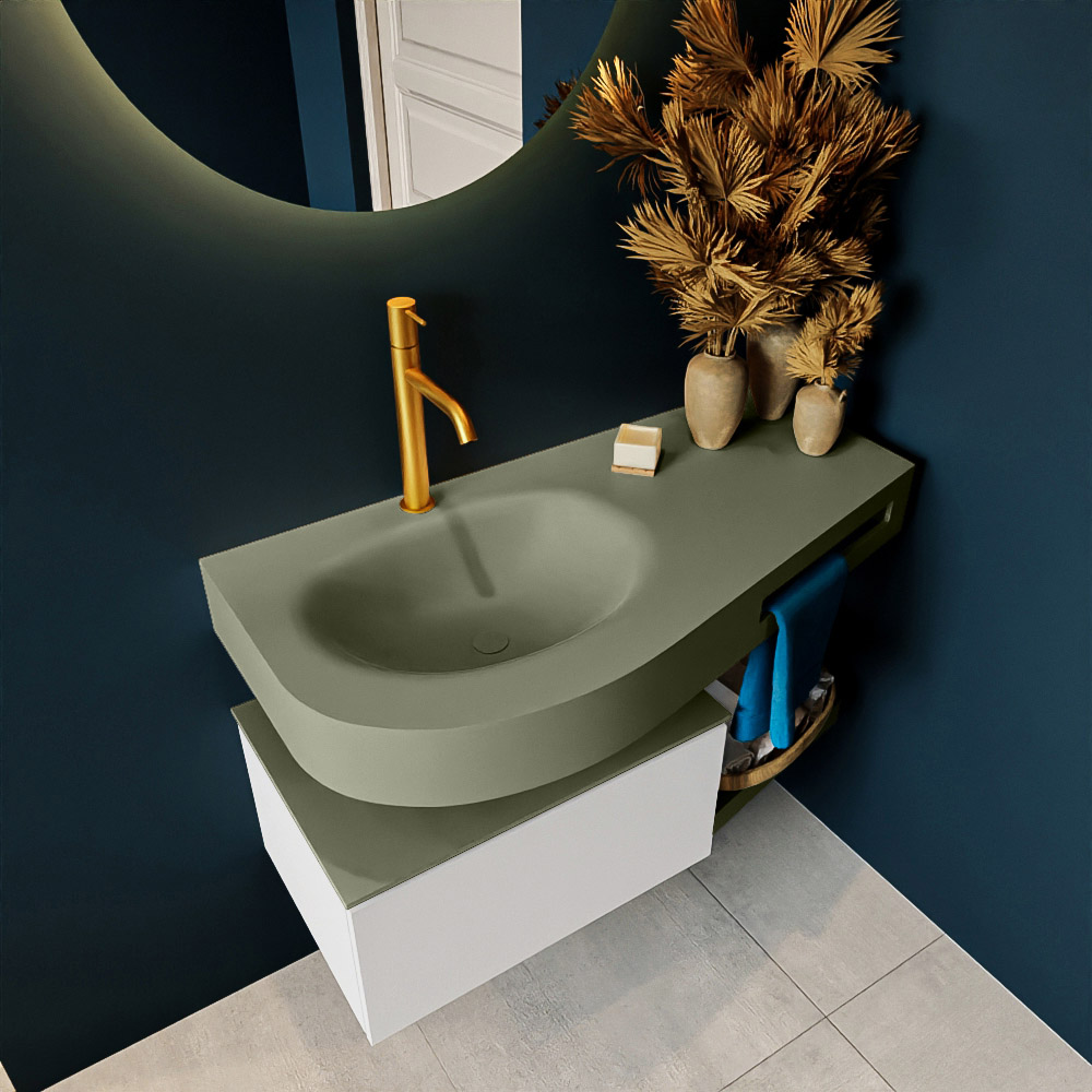 MONDIAZ RIVA 100cm mueble de baño / estante color Linen con 1 cajón. Lavabo DULCET Izquierda 1 orificio, color Army. 2 color Army.