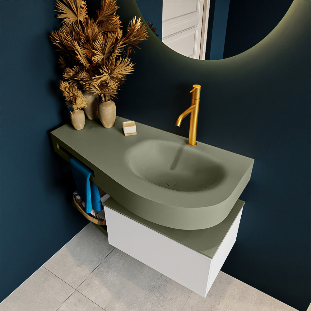 MONDIAZ RIVA 100cm mueble de baño / estante color Linen con 1 cajón. Lavabo DULCET Derecho 1 orificio, color Army. 2 color Army.
