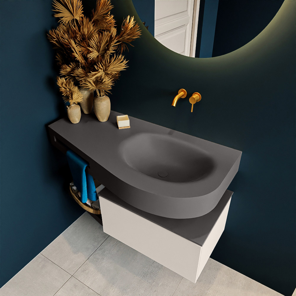 MONDIAZ RIVA 100cm mueble de baño / estante color Linen con 1 cajón. Lavabo DULCET Derecho sin orificio, color Dark Grey. 2 color Dark Grey.