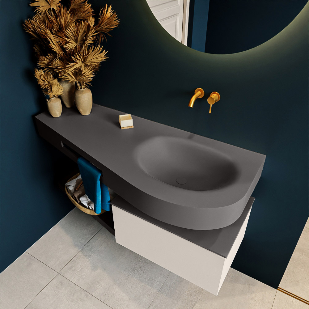 MONDIAZ RIVA 120cm mueble de baño / estante color Linen con 1 cajón. Lavabo DULCET Derecho sin orificio, color Dark Grey. 2 color Dark Grey.