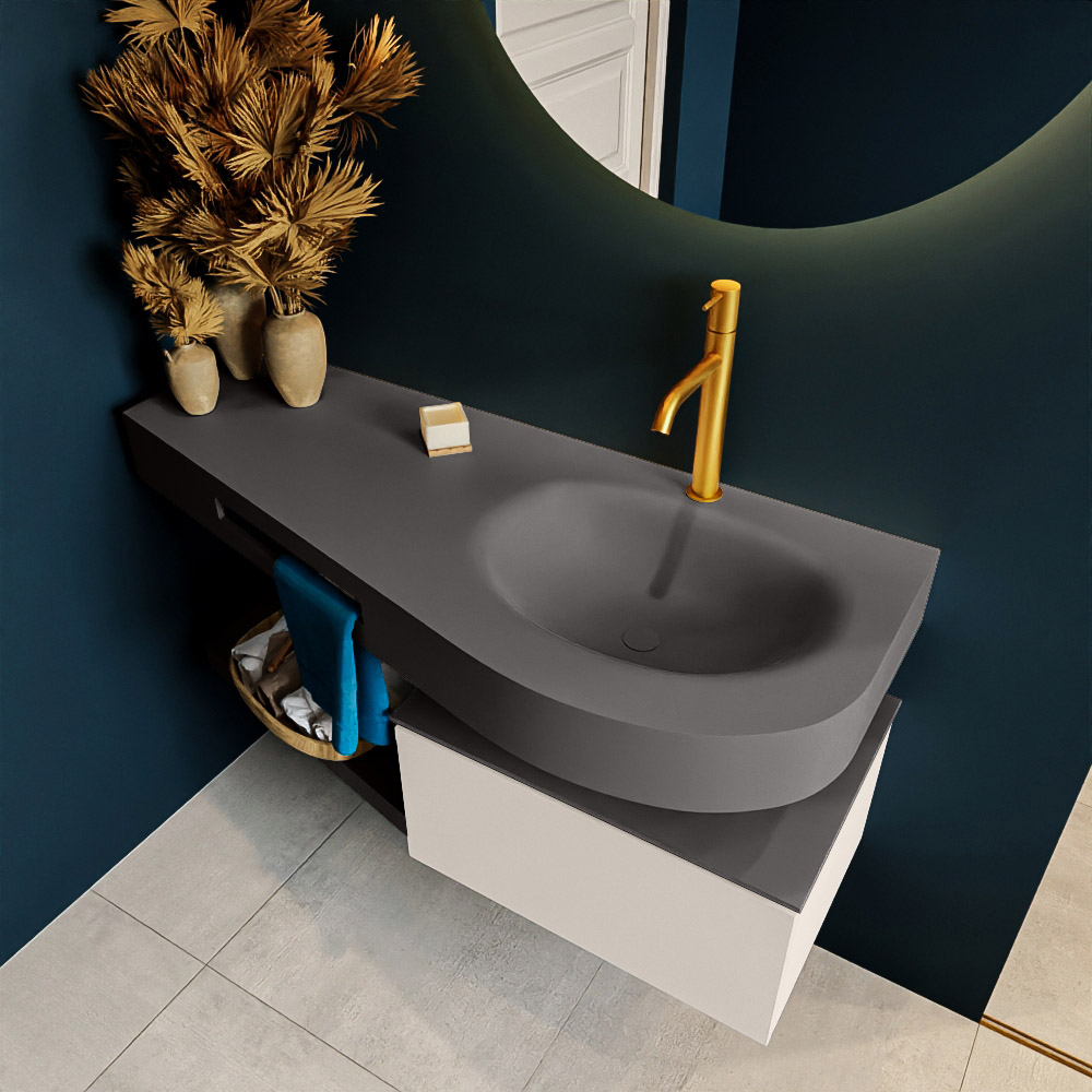 MONDIAZ RIVA 120cm mueble de baño / estante color Linen con 1 cajón. Lavabo DULCET Derecho 1 orificio, color Dark Grey. 2 color Dark Grey.