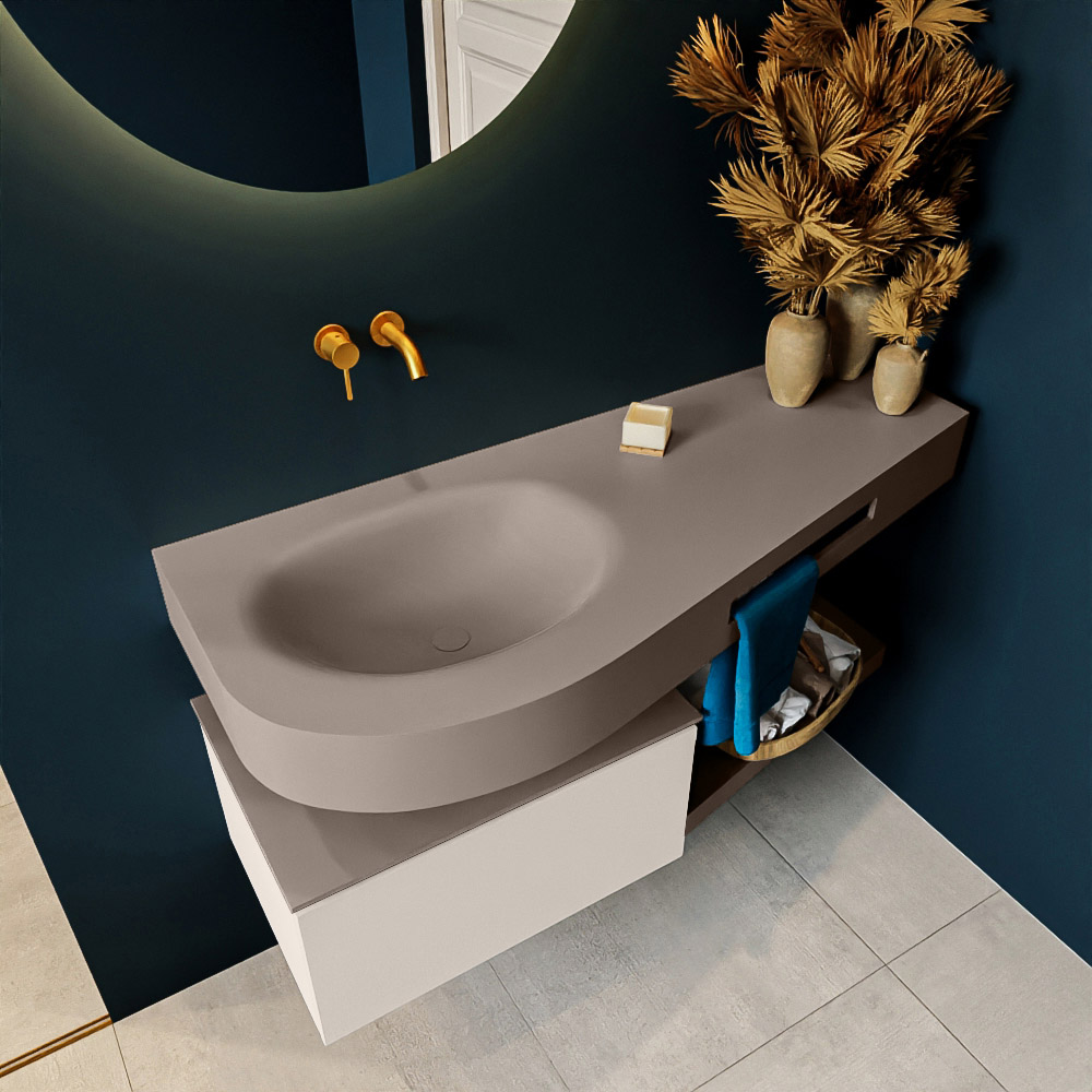 MONDIAZ RIVA 120cm mueble de baño / estante color Linen con 1 cajón. Lavabo DULCET Izquierda sin orificio, color Smoke. 2 color Smoke.