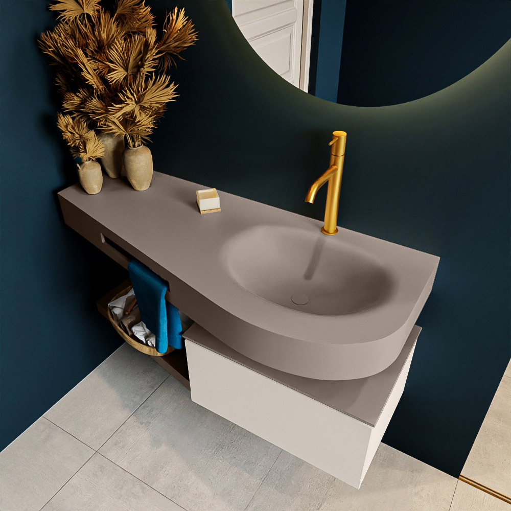 MONDIAZ RIVA 120cm mueble de baño / estante color Linen con 1 cajón. Lavabo DULCET Derecho 1 orificio, color Smoke. 2 color Smoke.