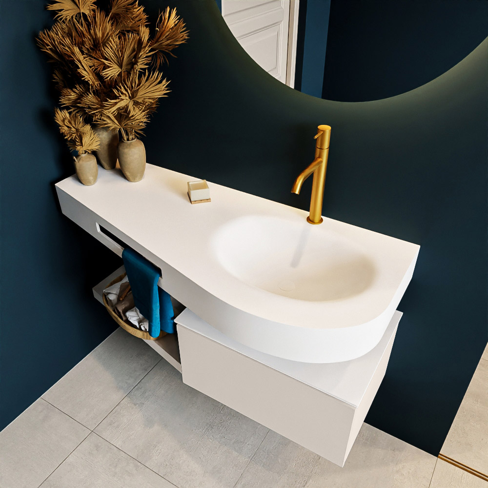 MONDIAZ RIVA 120cm mueble de baño / estante color Linen con 1 cajón. Lavabo DULCET Derecho 1 orificio, color Talc. 2 color Talc.
