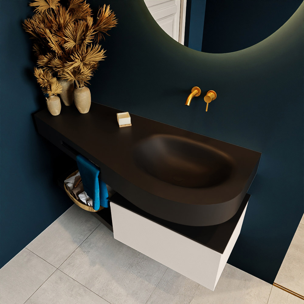 MONDIAZ RIVA 120cm mueble de baño / estante color Linen con 1 cajón. Lavabo DULCET Derecho sin orificio, color Urban. 2 color Urban.