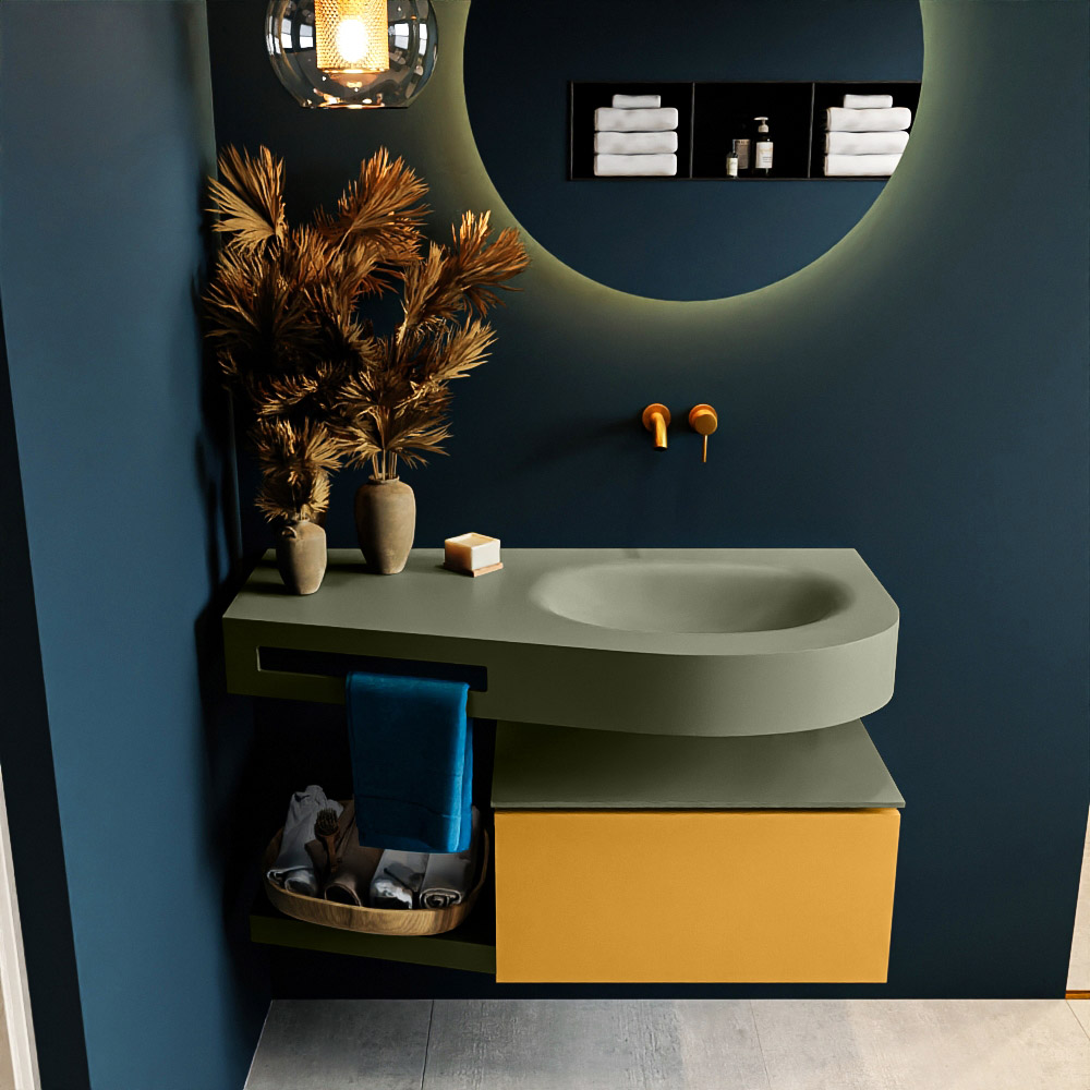 MONDIAZ RIVA 100cm mueble de baño / estante color Ocher con 1 cajón. Lavabo DULCET Derecho sin orificio, color Army. 3 MONDIAZ RIVA 100cm mueble de baño / estante color Ocher con 1 cajón. Lavabo DULCET Derecho sin orificio, color Army. - Imagen 3