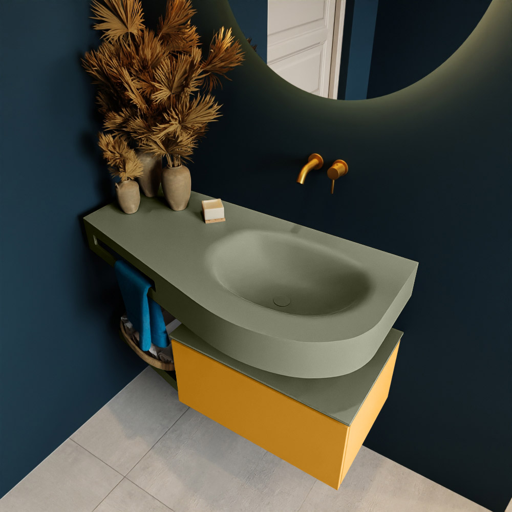 MONDIAZ RIVA 100cm mueble de baño / estante color Ocher con 1 cajón. Lavabo DULCET Derecho sin orificio, color Army. 2 color Army.