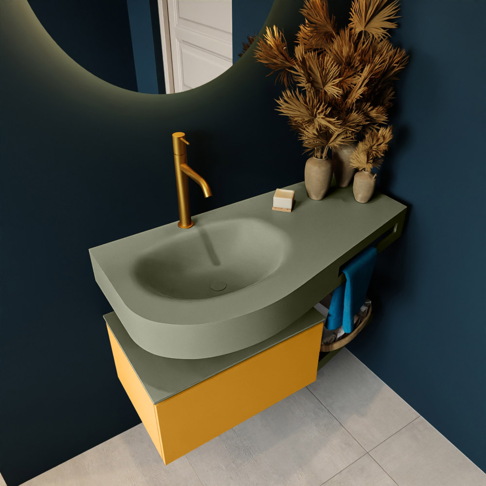 MONDIAZ RIVA 100cm mueble de baño / estante color Ocher con 1 cajón. Lavabo DULCET Izquierda 1 orificio, color Army. 2 color Army.