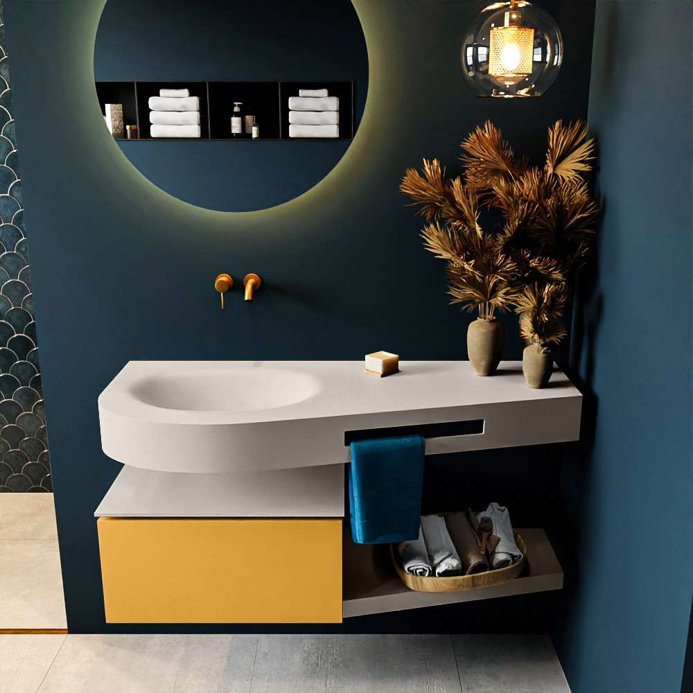 MONDIAZ RIVA 120cm mueble de baño / estante color Ocher con 1 cajón. Lavabo DULCET Izquierda sin orificio, color Linen. 3 MONDIAZ RIVA 120cm mueble de baño / estante color Ocher con 1 cajón. Lavabo DULCET Izquierda sin orificio, color Linen. - Imagen 3