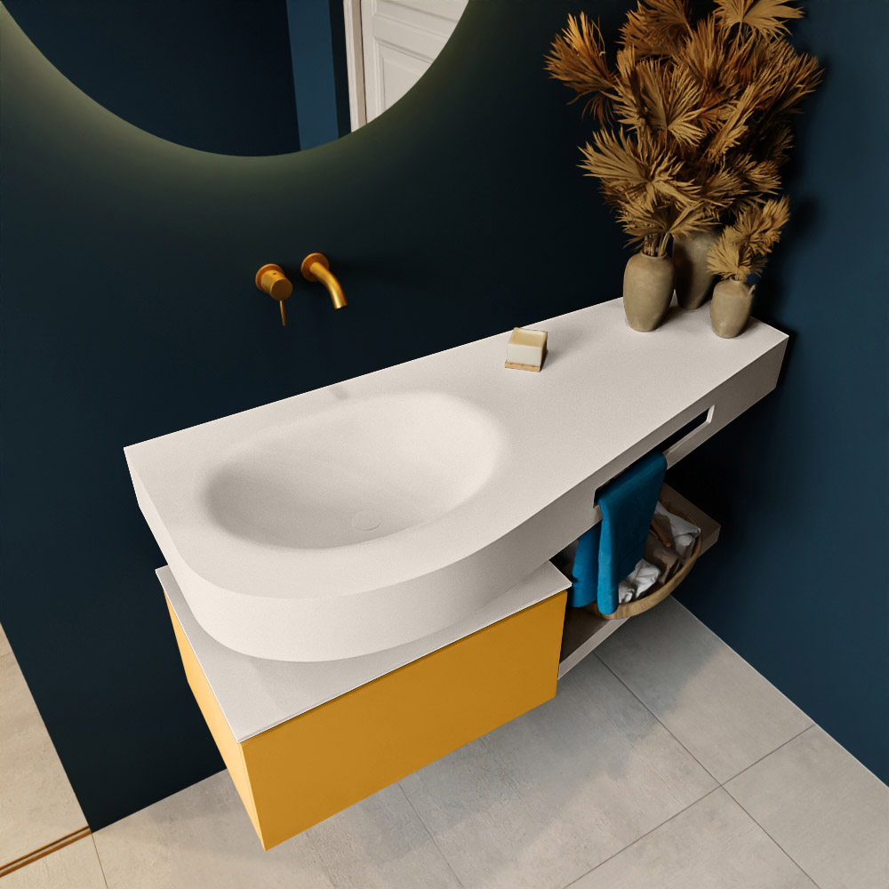 MONDIAZ RIVA 120cm mueble de baño / estante color Ocher con 1 cajón. Lavabo DULCET Izquierda sin orificio, color Linen. 2 color Linen.
