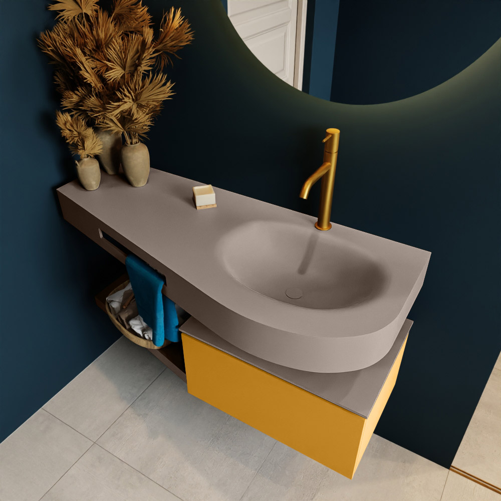 MONDIAZ RIVA 120cm mueble de baño / estante color Ocher con 1 cajón. Lavabo DULCET Derecho 1 orificio, color Smoke. 2 color Smoke.