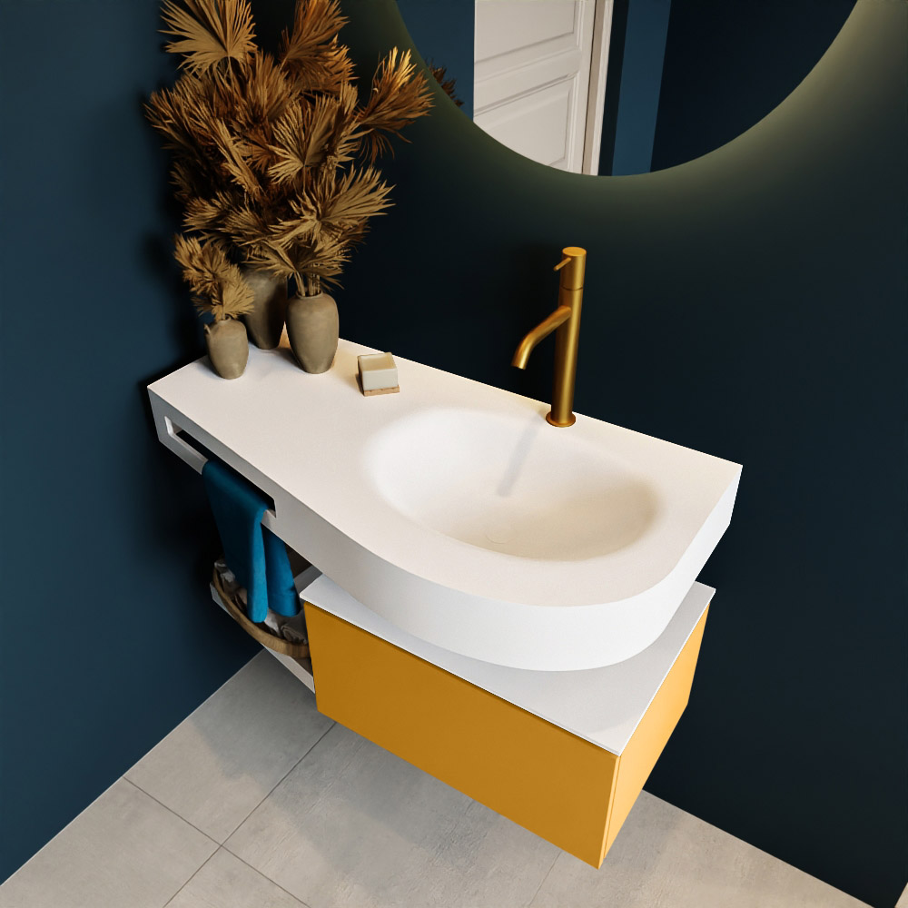 MONDIAZ RIVA 100cm mueble de baño / estante color Ocher con 1 cajón. Lavabo DULCET Derecho 1 orificio, color Talc. 2 color Talc.