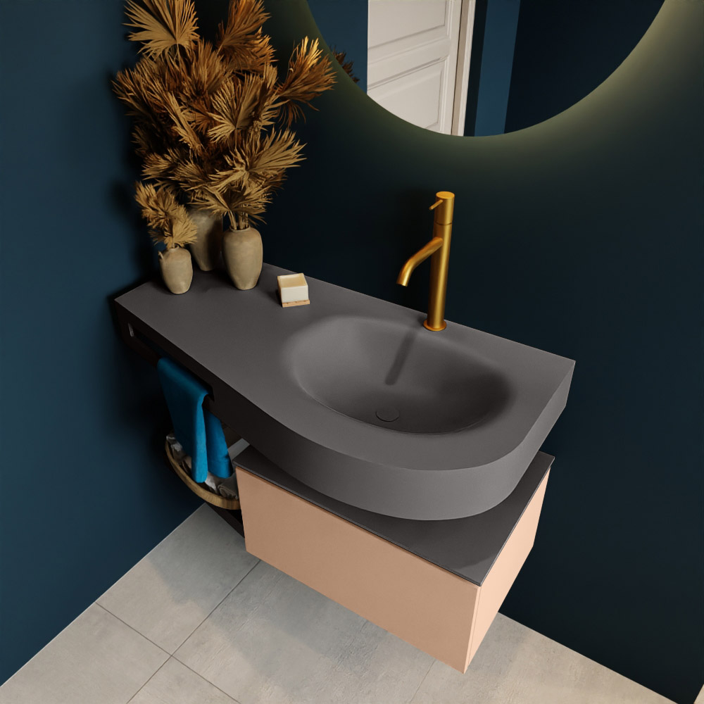 MONDIAZ RIVA 100cm mueble de baño / estante color Rosee con 1 cajón. Lavabo DULCET Derecho 1 orificio, color Dark Grey. 2 color Dark Grey.