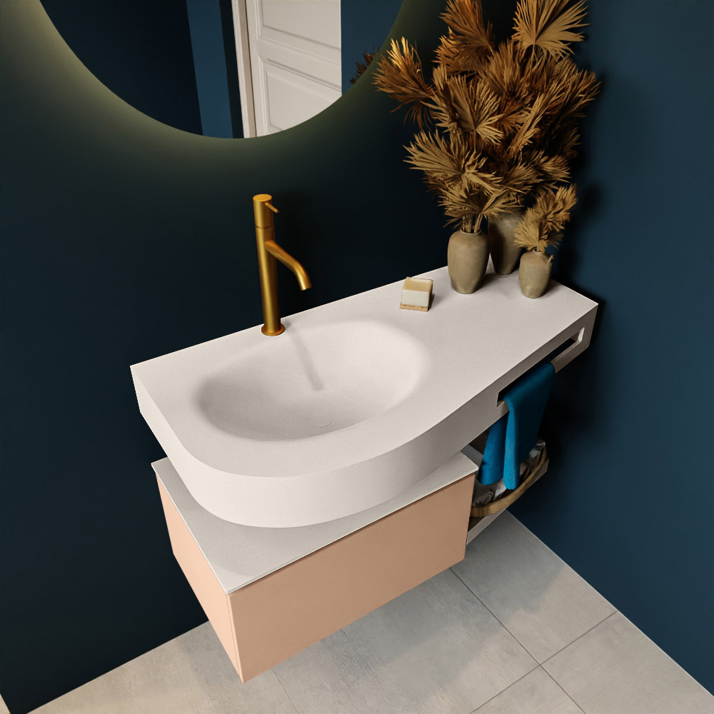 MONDIAZ RIVA 100cm mueble de baño / estante color Rosee con 1 cajón. Lavabo DULCET Izquierda 1 orificio, color Linen. 2 color Linen.